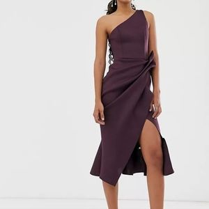 ASOS Design One Shoulder Tucked Peplum Pencil Midi Dress